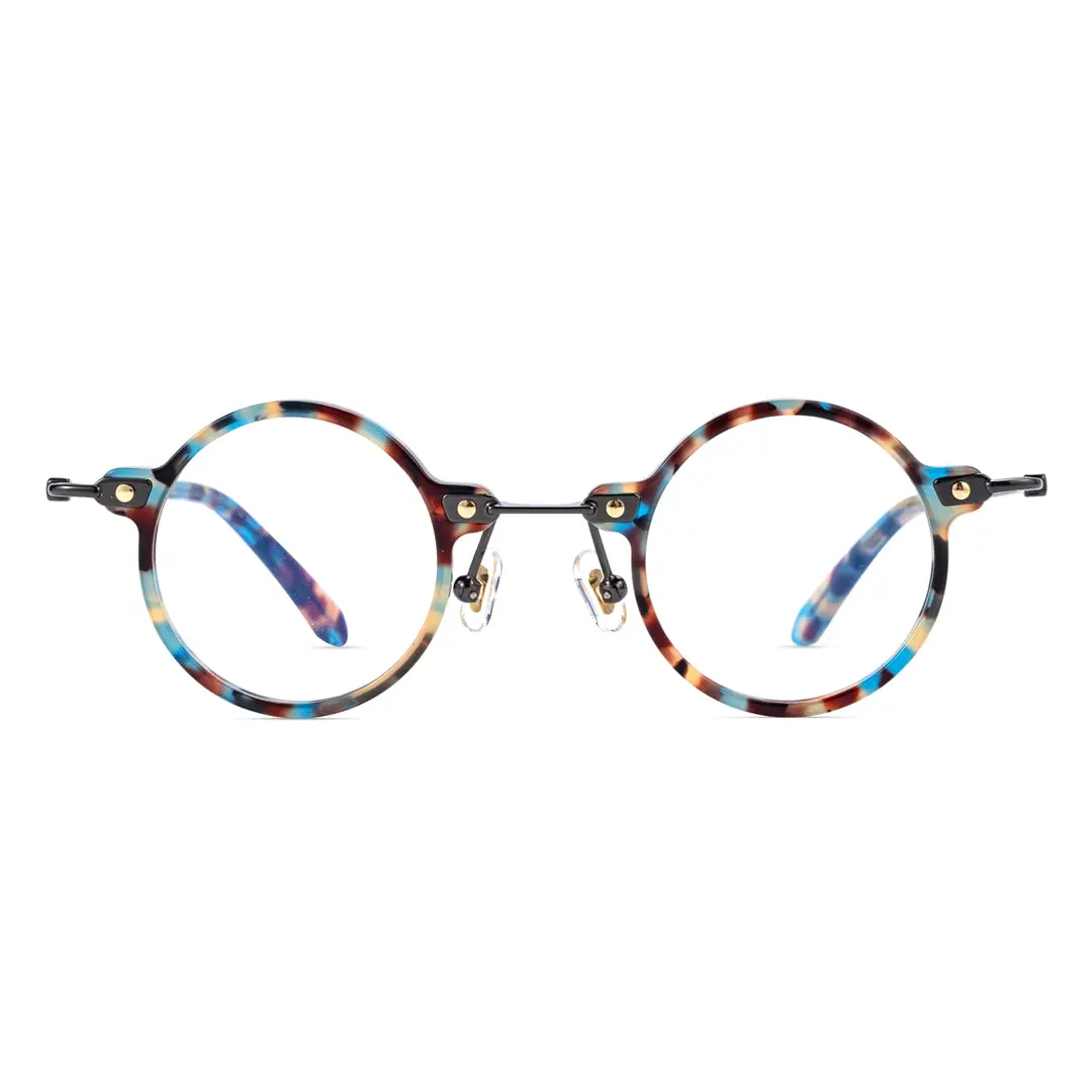 Front view of Vicky steampunk round titanium eyeglasses RT0302406 in blue tortoise