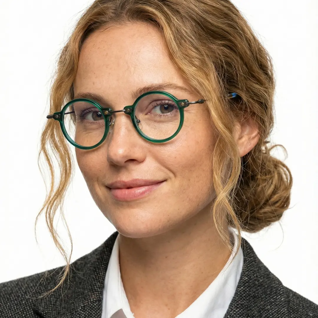 Face close-up view of female wearing green round eyeglasses, natural smile, RT0302406