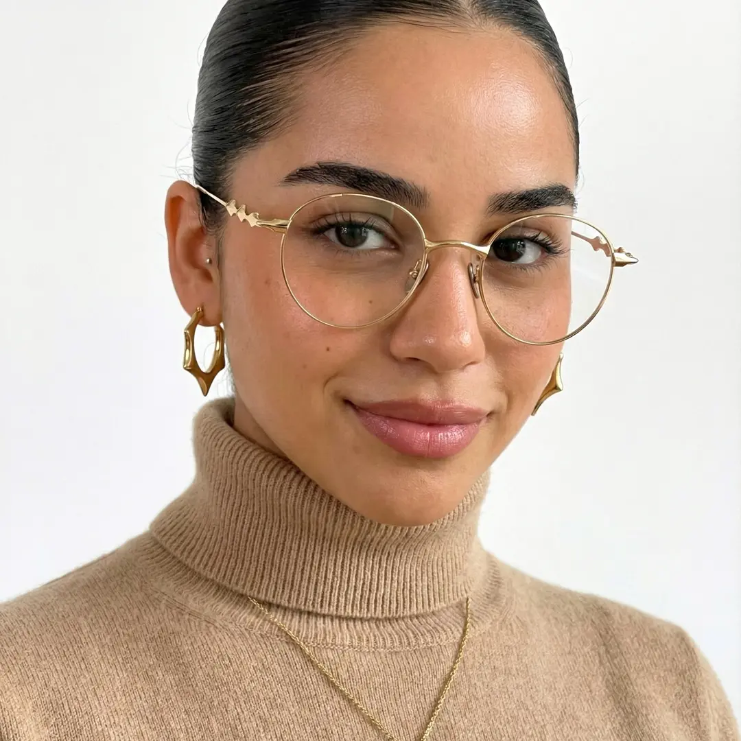 Front view of female wearing gold round eyeglasses, natural smile, RT0312501