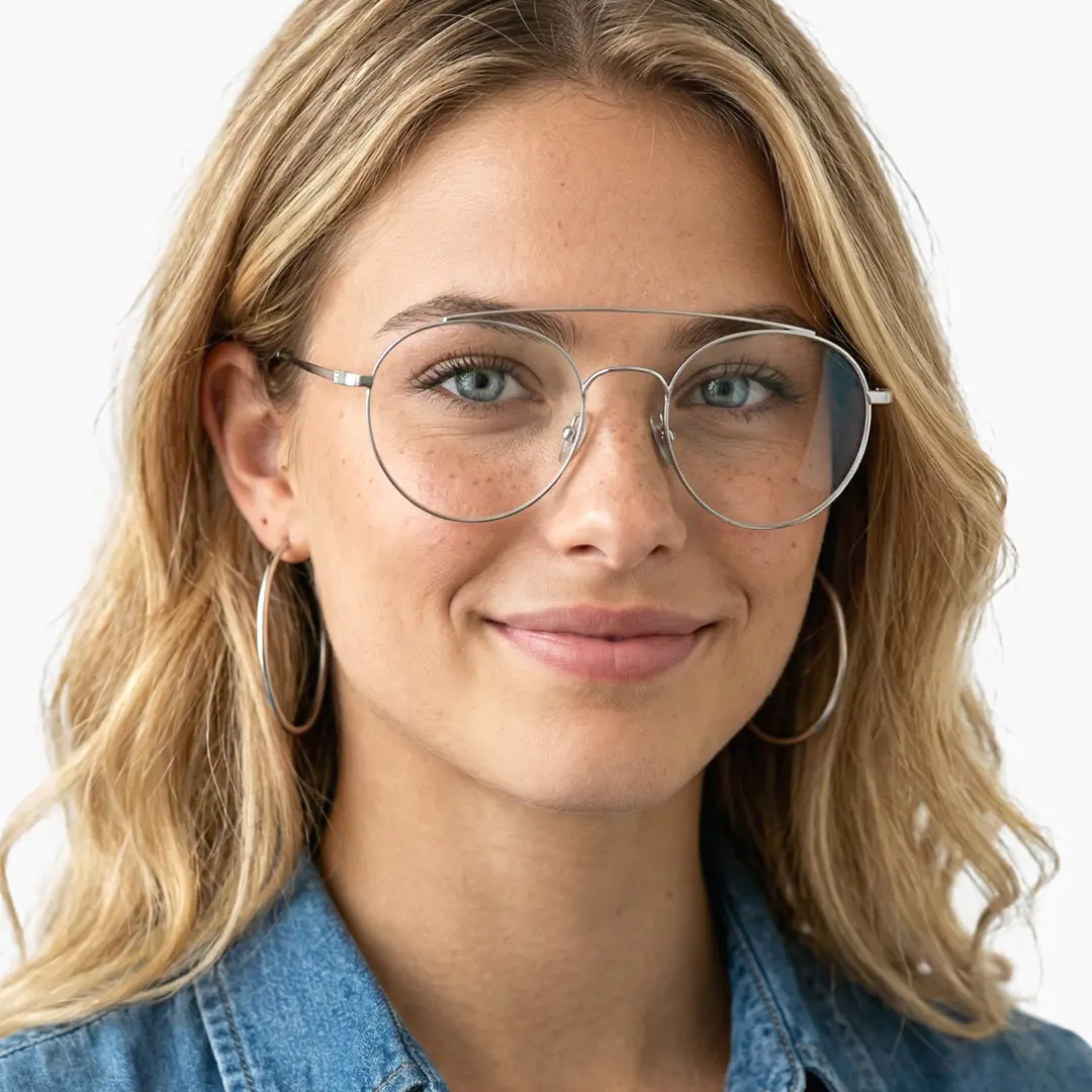 Three-quarter view of female wearing silver round eyeglasses, smiling, RT0912508