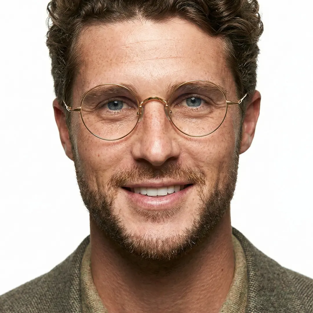 Front view of male wearing vintage gold round eyeglasses, natural smile, RT0942508
