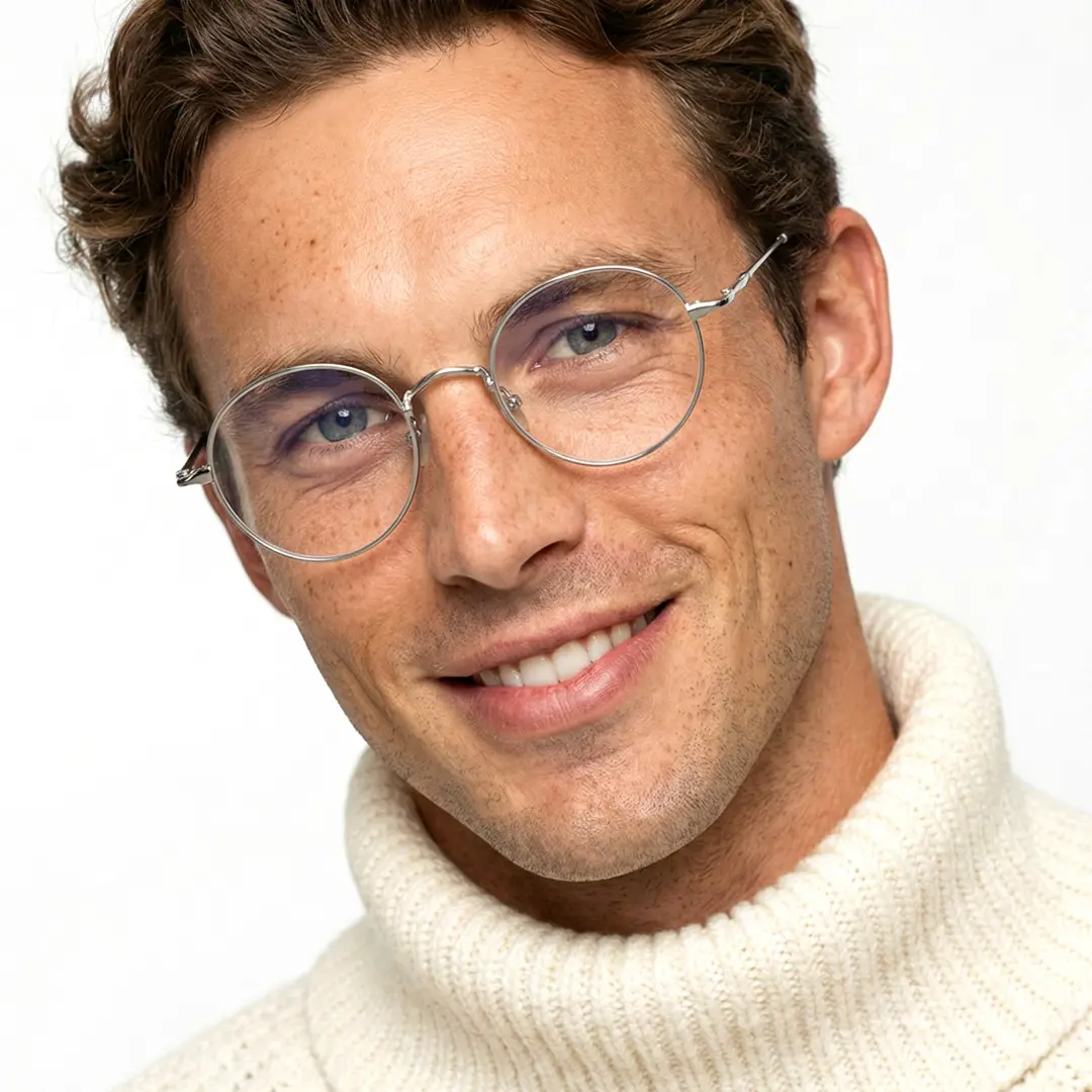 Front view of male wearing vintage silver round eyeglasses, tilting head, natural smile, RT0942508