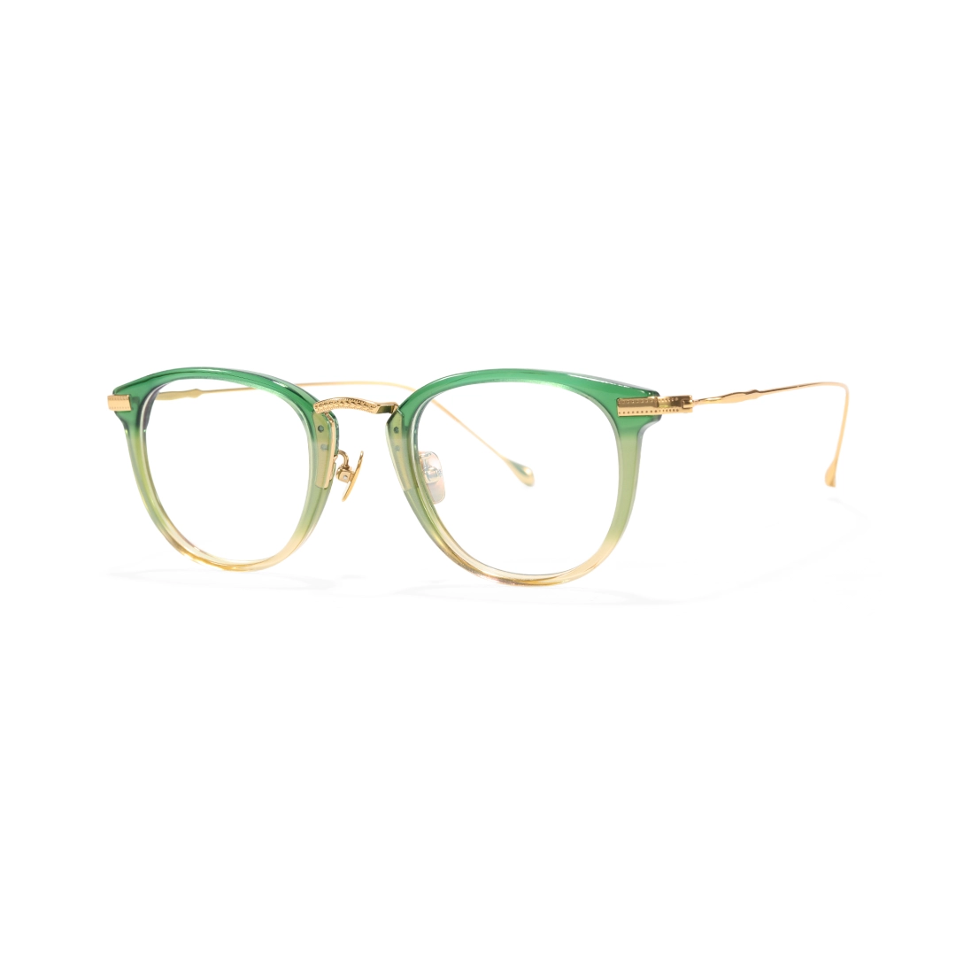 Angle view of Wilcox vintage round titanium eyeglasses RX0062207 in green