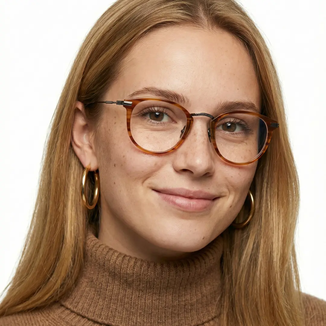 Three-quarter view of female wearing tortoise round eyeglasses, friendly smile, RX0062207