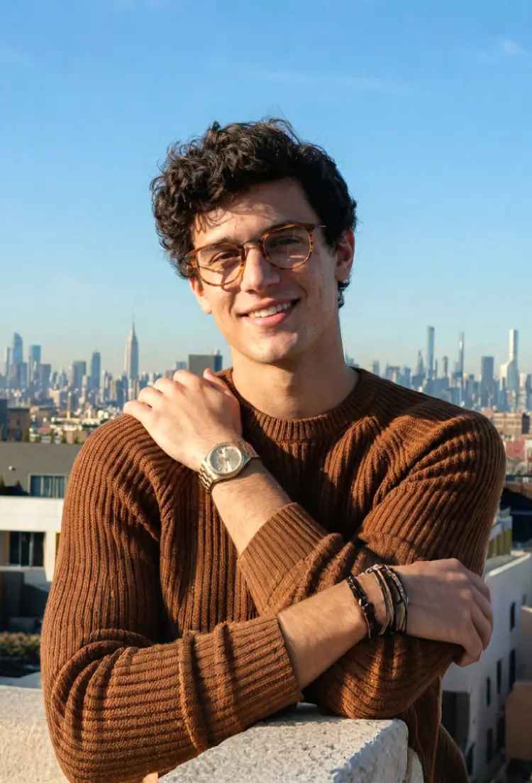 Male model wearing vintage tortoise round titanium eyeglasses in city skyline. SPU: RX0062207
