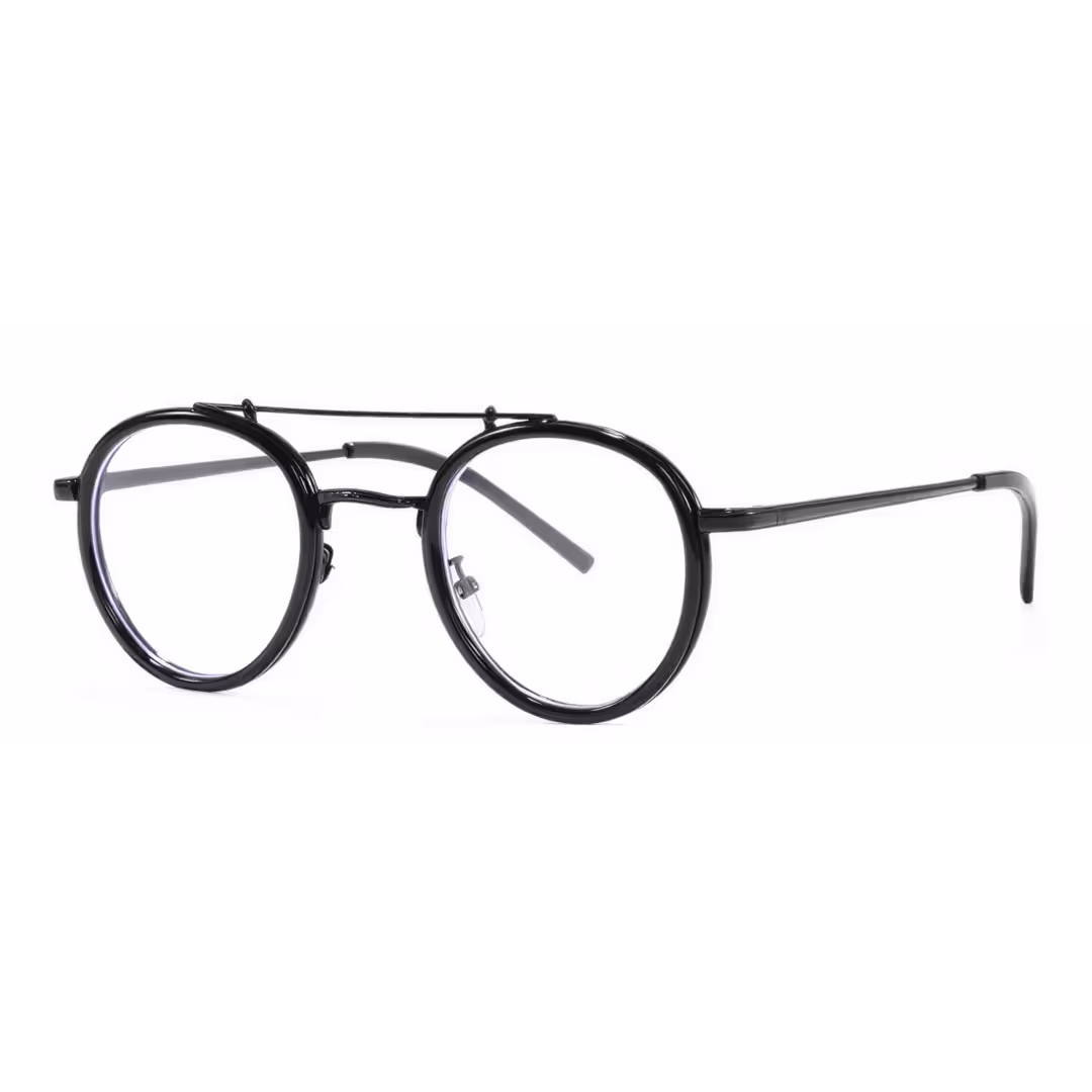 Angle view of Aerin steampunk round tr90 eyeglasses in black. SPU: RX0202509