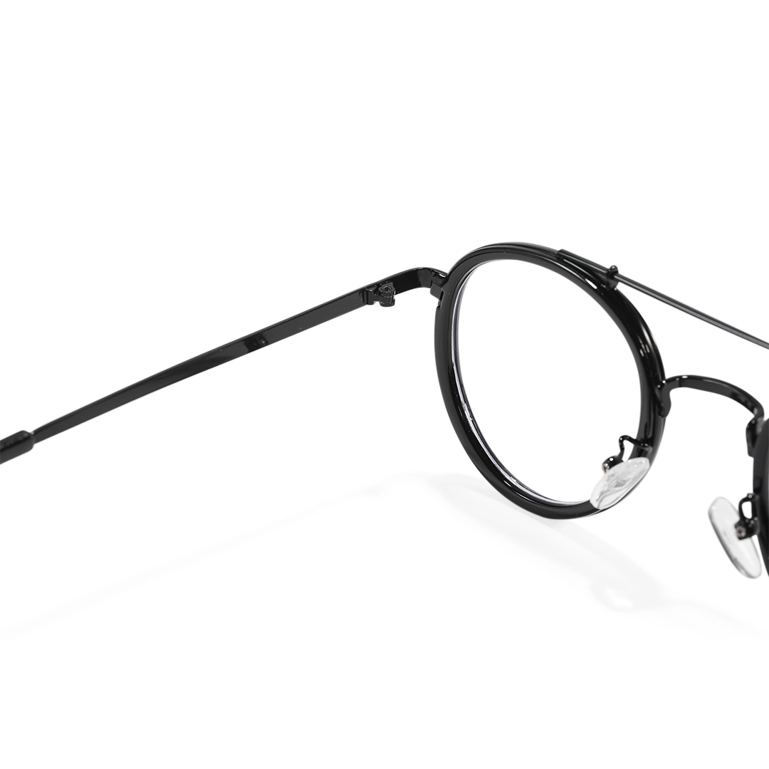 Hinge detail of Aerin steampunk round tr90 eyeglasses RX0202509 in black