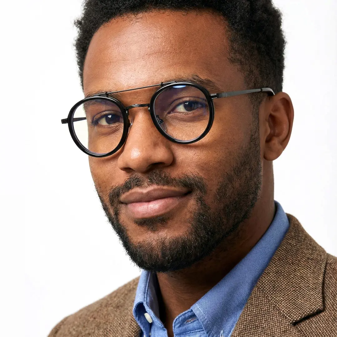 Three-quarter view of male wearing steampunk black round eyeglasses, natural smile, RX0202509