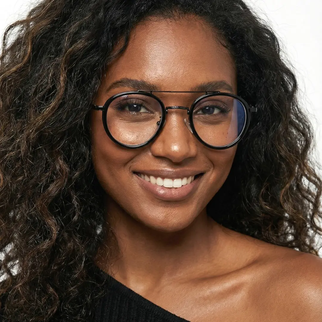 Three-quarter view of female wearing steampunk black round eyeglasses, natural smile, RX0202509