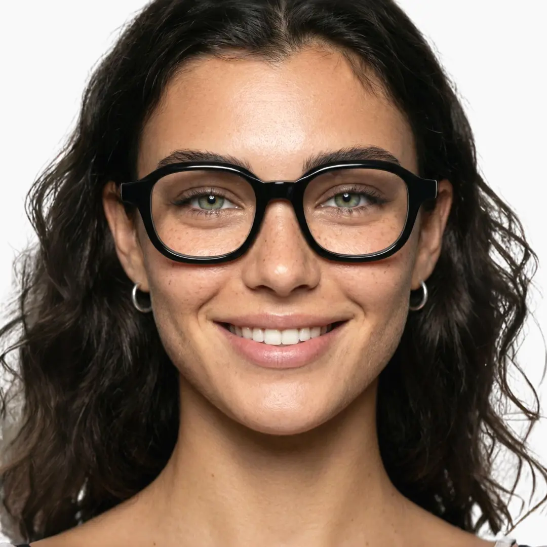 Front view of female wearing black square eyeglasses, smiling, SA0052312