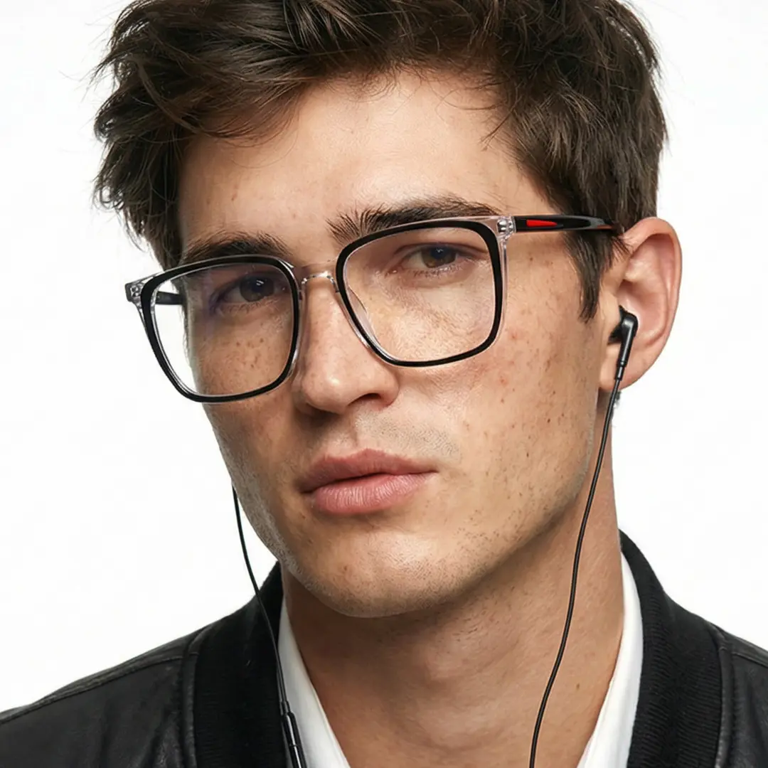 Front view of male wearing black clear square eyeglasses, calm expression, SA0082305