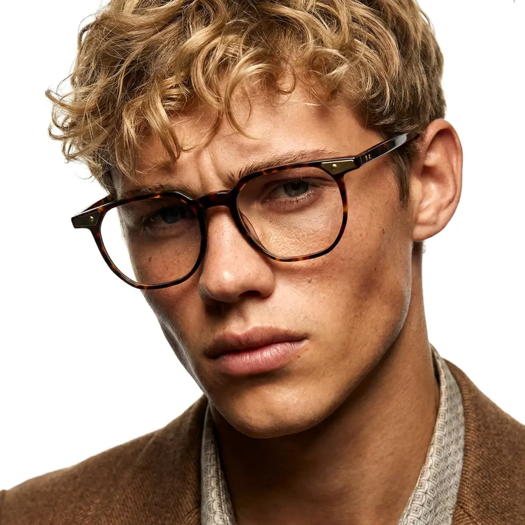 Front view of male wearing vintage tortoise square eyeglasses, thoughtful expression, SA0092311