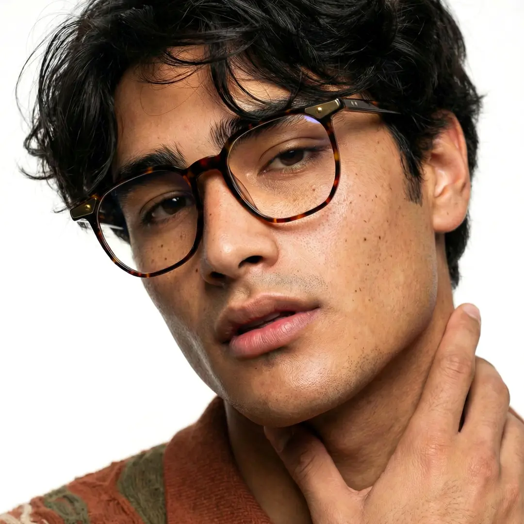 Front view of male wearing vintage tortoise square eyeglasses, natural expression, SA0092311
