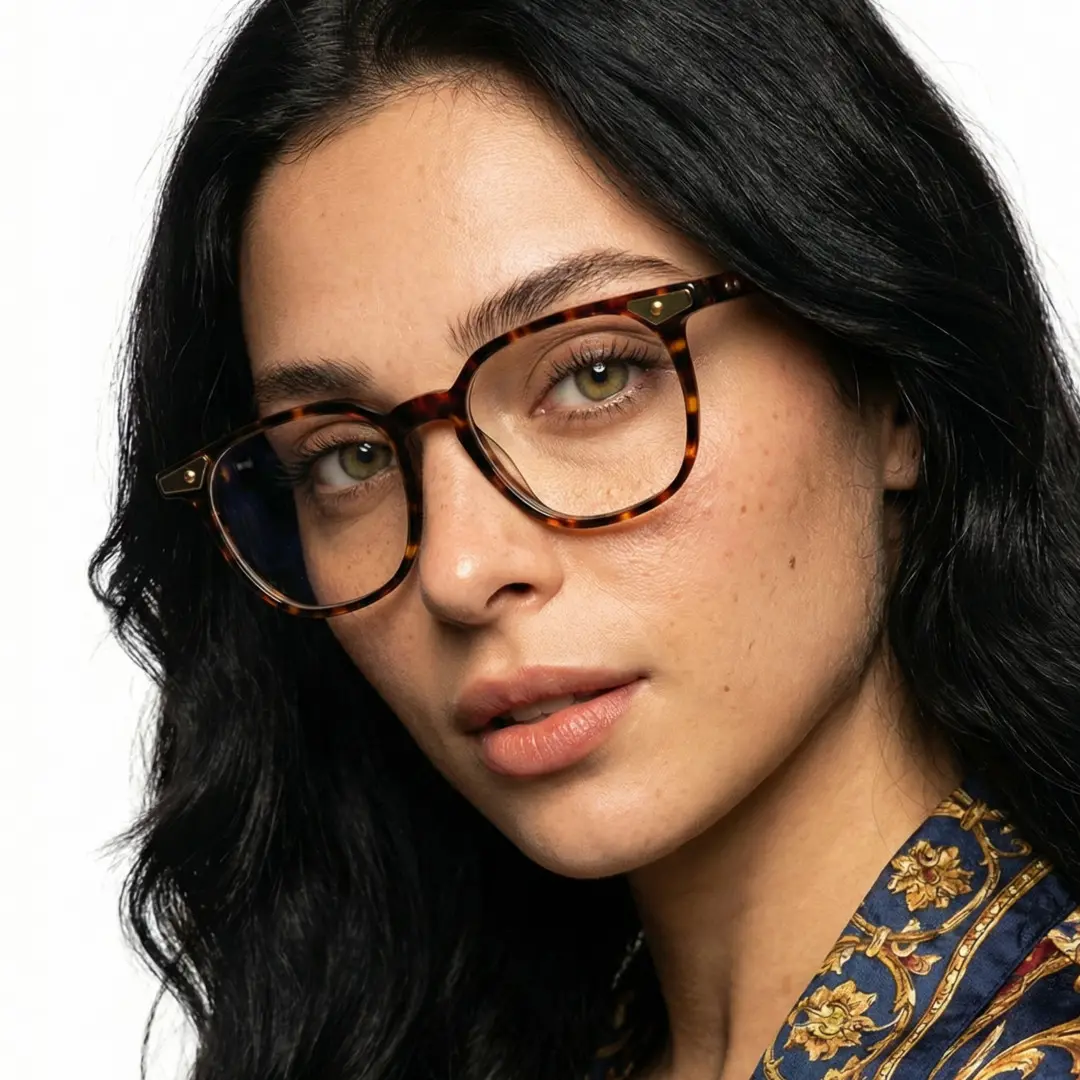 Profile view of female wearing vintage tortoise square eyeglasses, neutral expression, SA0092311