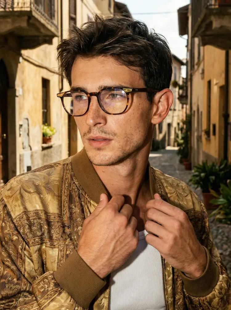 Male model wearing vintage tortoise square acetate eyeglasses in a sunlit European alleyway. SPU: SA0092311