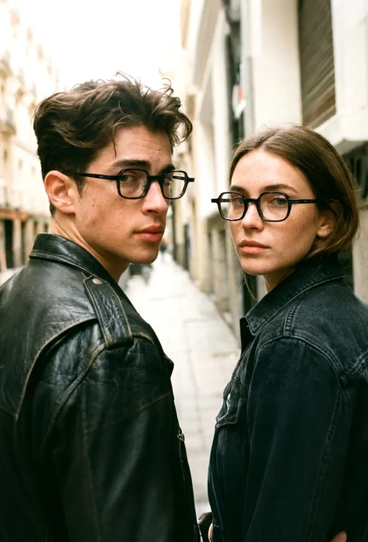 Couple models wearing vintage tortoise square acetate eyeglasses on a city street. SPU: SA0112302