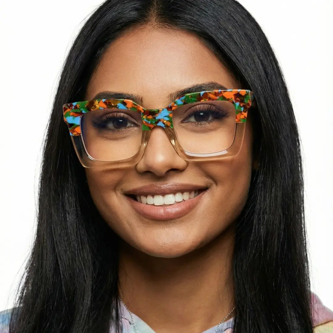 Front view of female wearing bronze square eyeglasses, natural smile, SA0142406