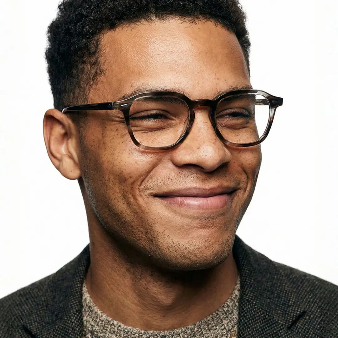 Three-quarter view of male wearing grey square eyeglasses, friendly smile, SA0232403