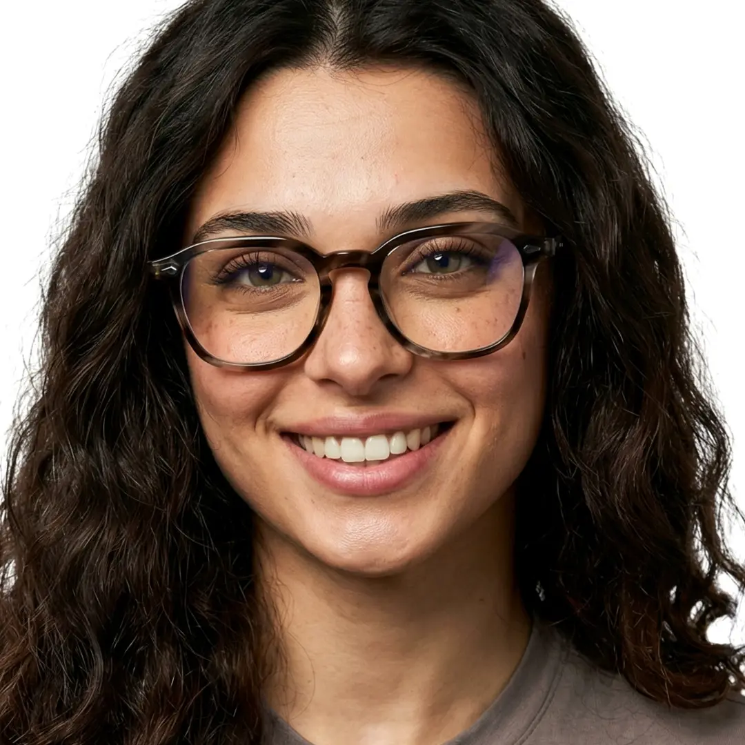 Close-up view of female wearing grey square eyeglasses, natural smile, SA0232403