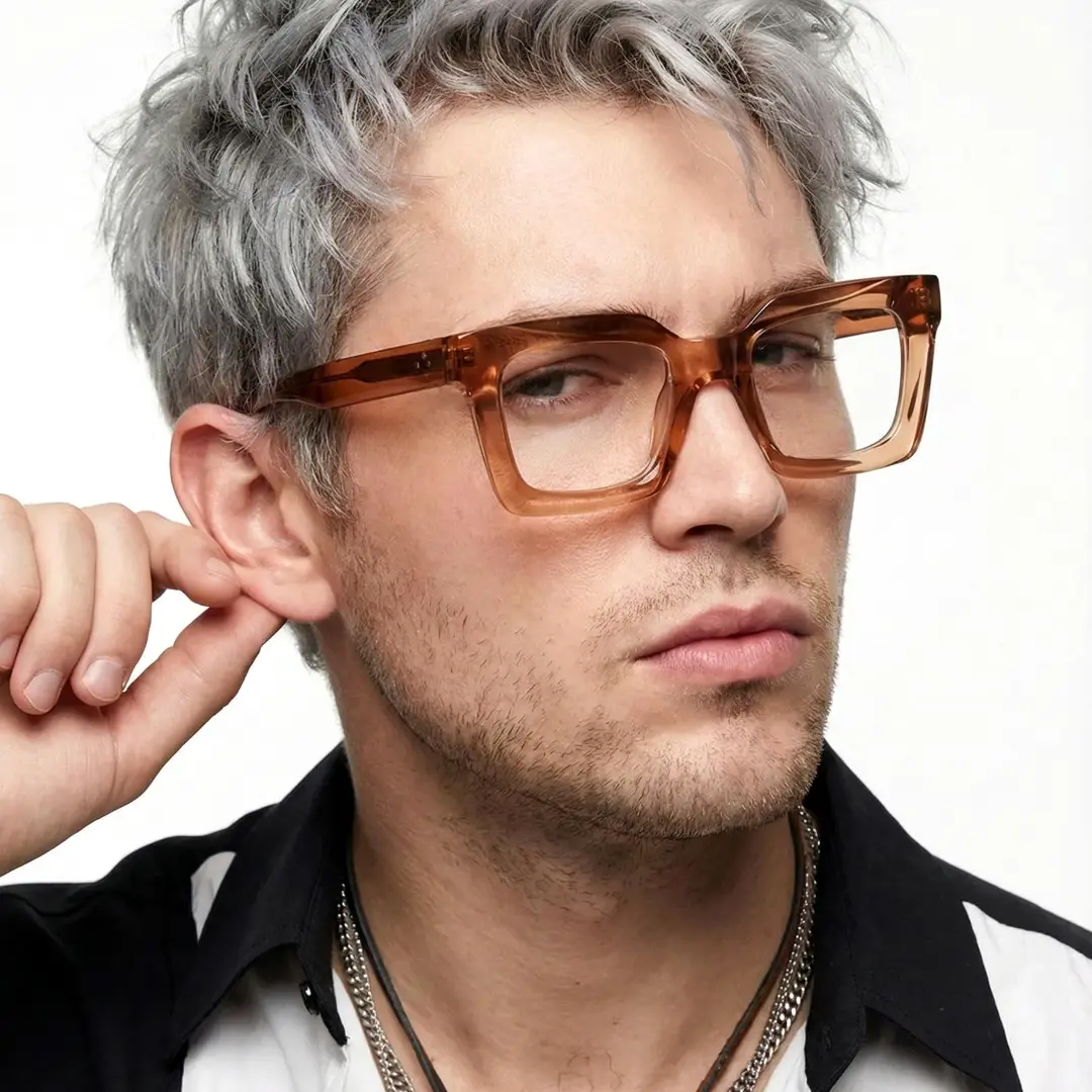 Three-quarter view of male wearing brown square eyeglasses, neutral expression, SA0312503