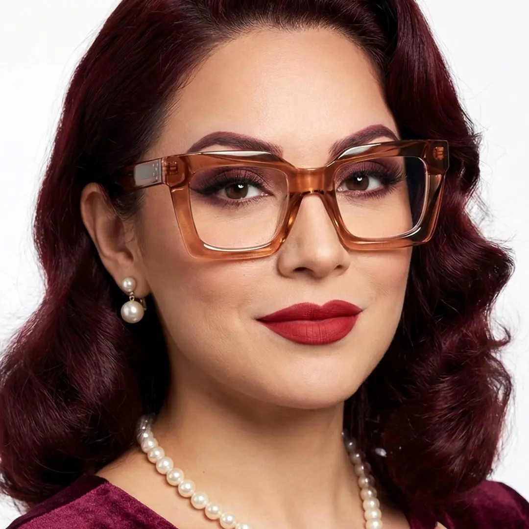 Over-the-shoulder view of female wearing brown square eyeglasses, natural expression, SA0312503