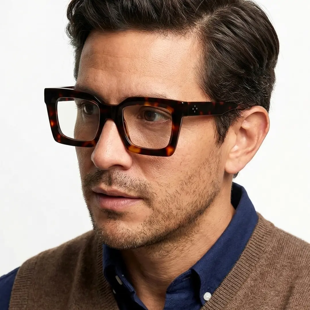 Looking away view of male wearing tortoise square eyeglasses, calm expression, SA0312503