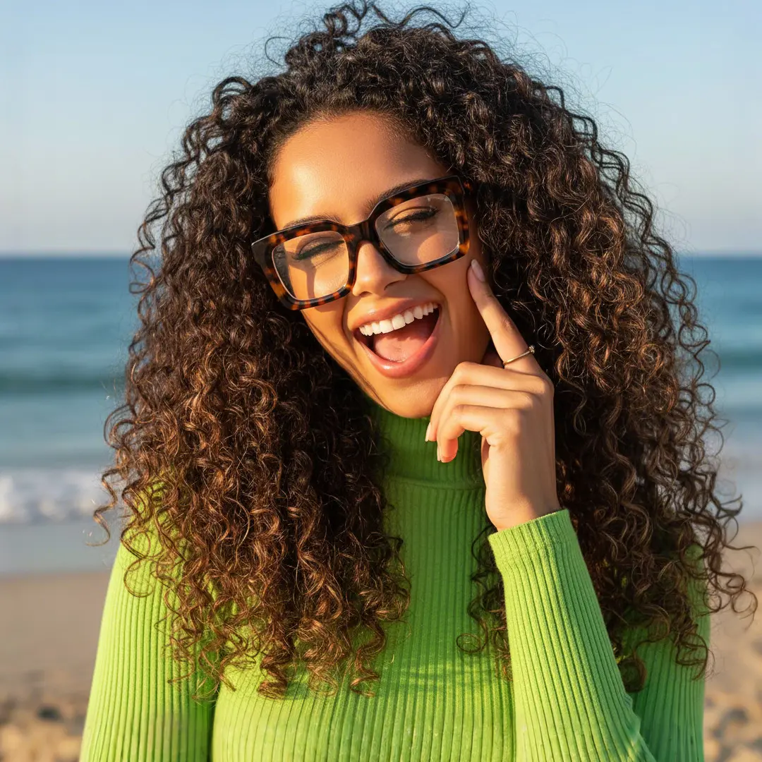 Front view of female wearing tortoise square eyeglasses, open mouth, wide smile, SA0312503