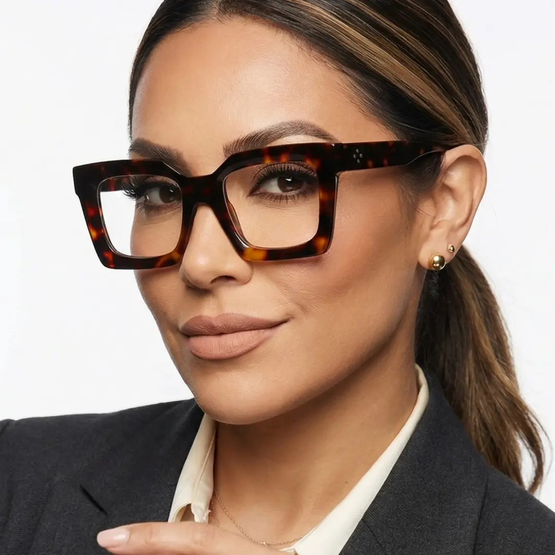 Three-quarter view of female wearing tortoise square eyeglasses, neutral expression, SA0312503