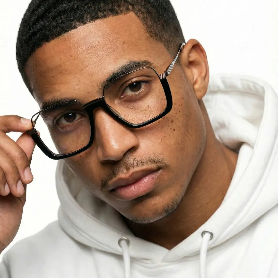 Tilted head view of male wearing fashion black square eyeglasses, holding glasses, neutral expression, SA0382503