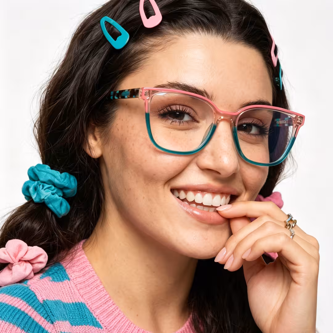 Female wearing colorful two tone square acetate eyeglasses, smiling. SPU: SA0382605