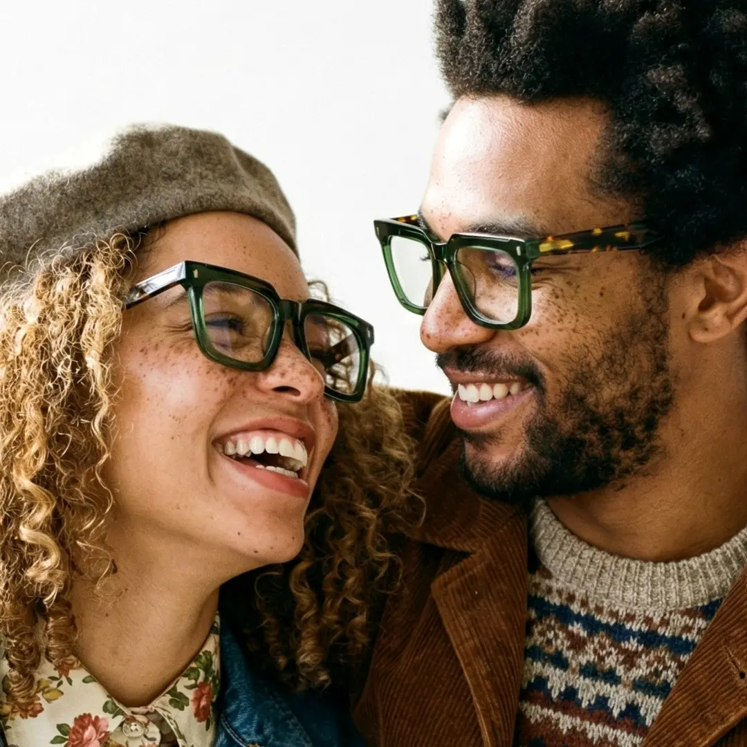 Close-up view of couple wearing green square eyeglasses, smiling, SA0412504