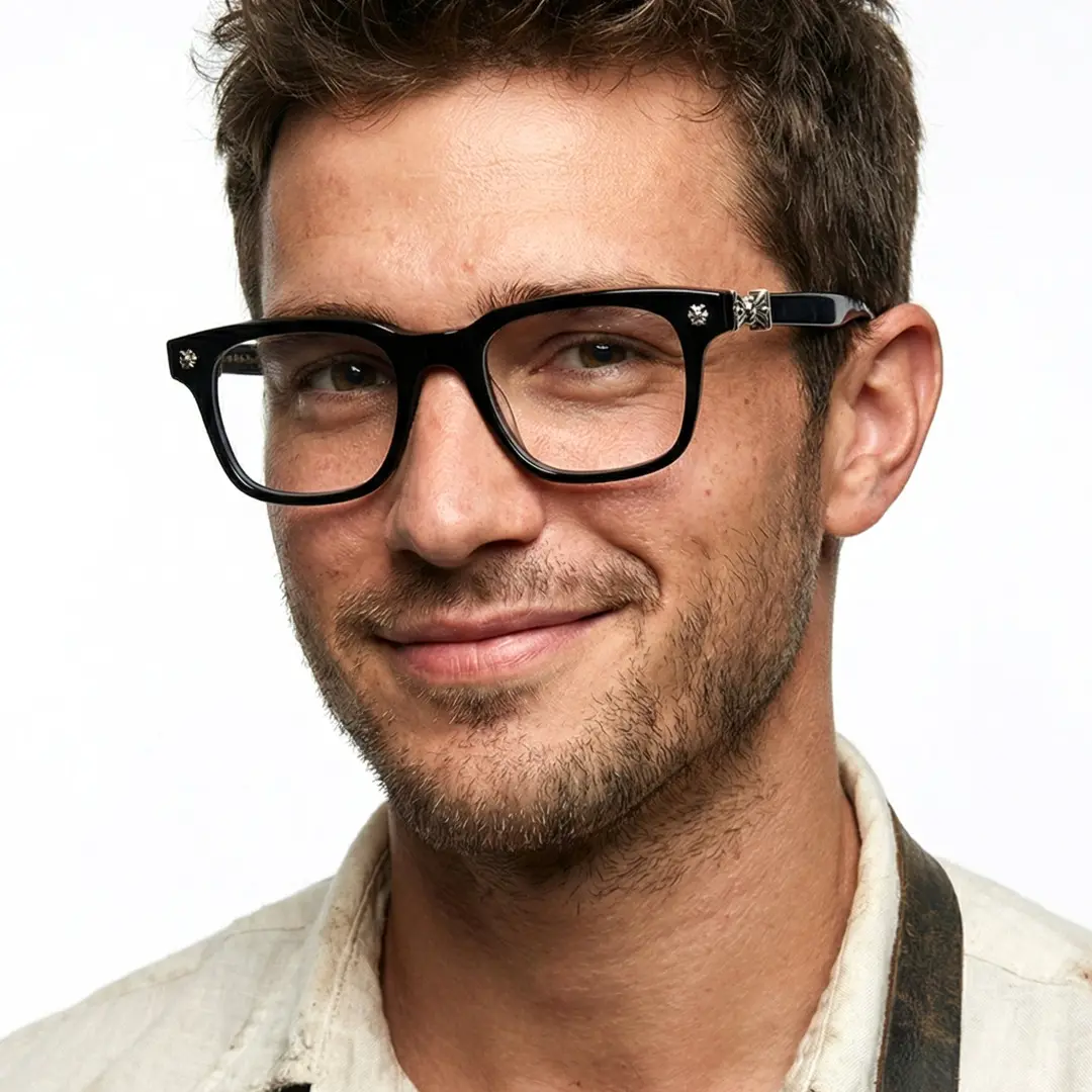 Slightly angled view of male wearing fashion black square eyeglasses, natural smile, SA0432509