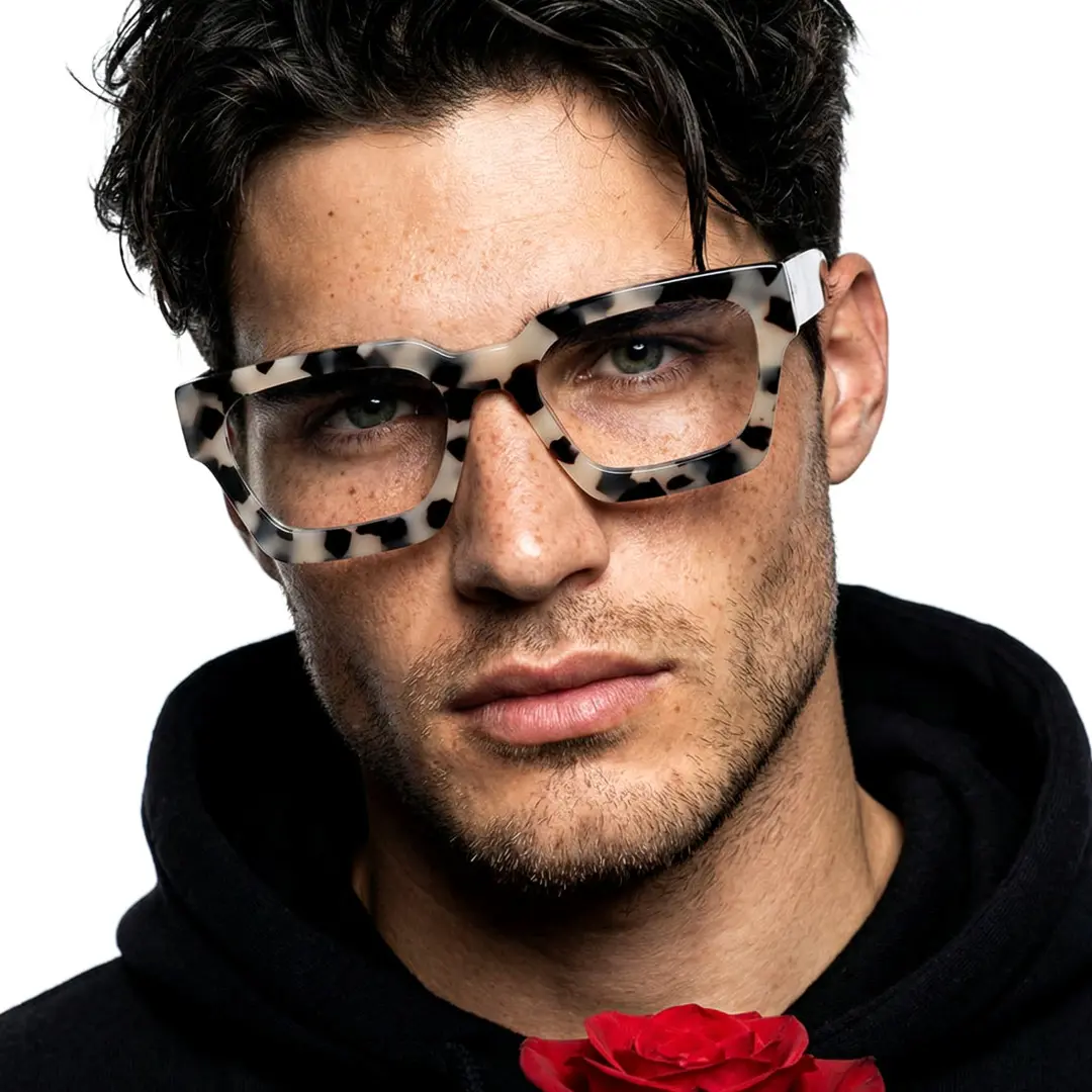 Front view of male wearing brown tortoise square eyeglasses, neutral expression, SA0552302