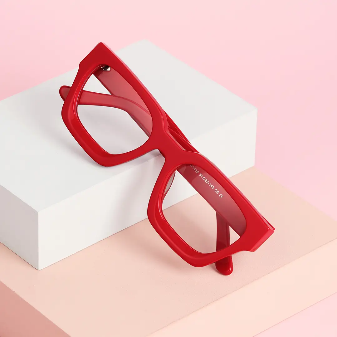 Scene close-up view of Samson square acetate eyeglasses SA0552302 in red