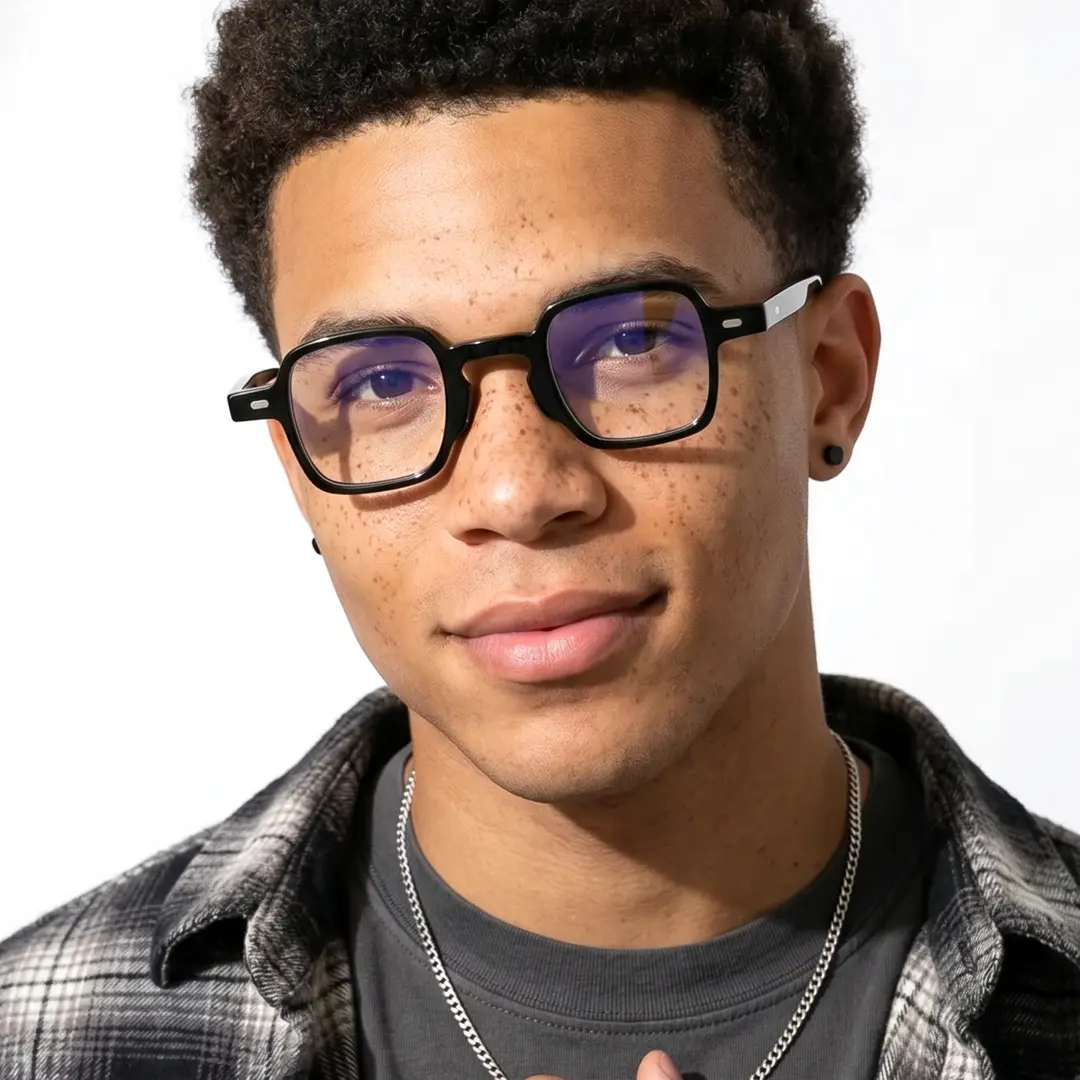 Front view of male wearing vintage black square eyeglasses, neutral expression, SA0582302