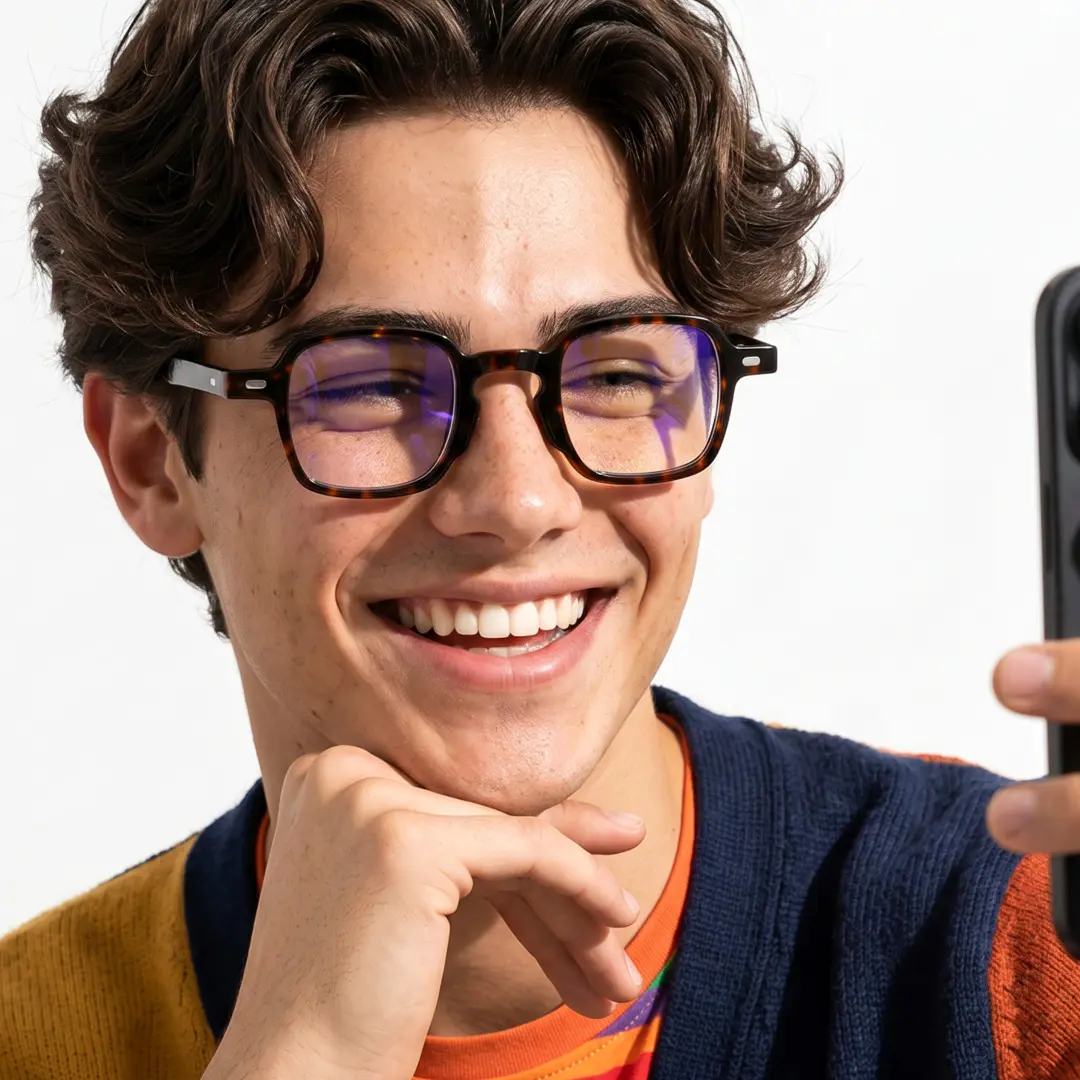 Close-up view of male wearing vintage tortoise square eyeglasses, taking a selfie, natural smile, SA0582302