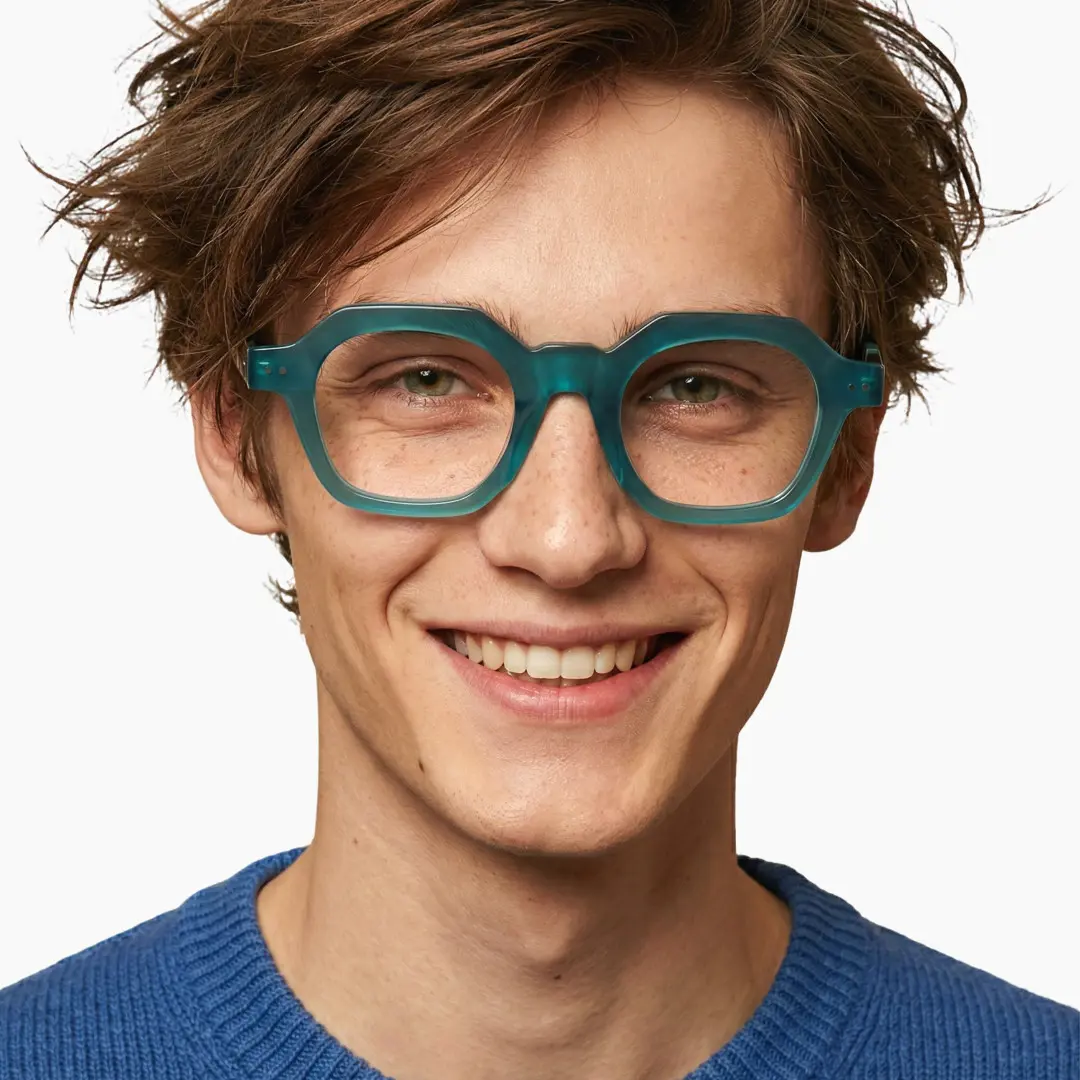 Front view of male wearing light blue square eyeglasses, smiling, SA0812302