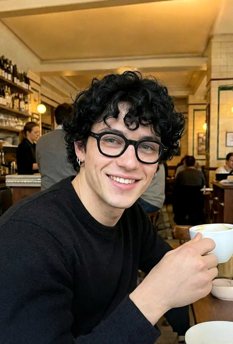 Male model wearing everyday black square acetate eyeglasses in a cozy cafe. SPU: SA0812302