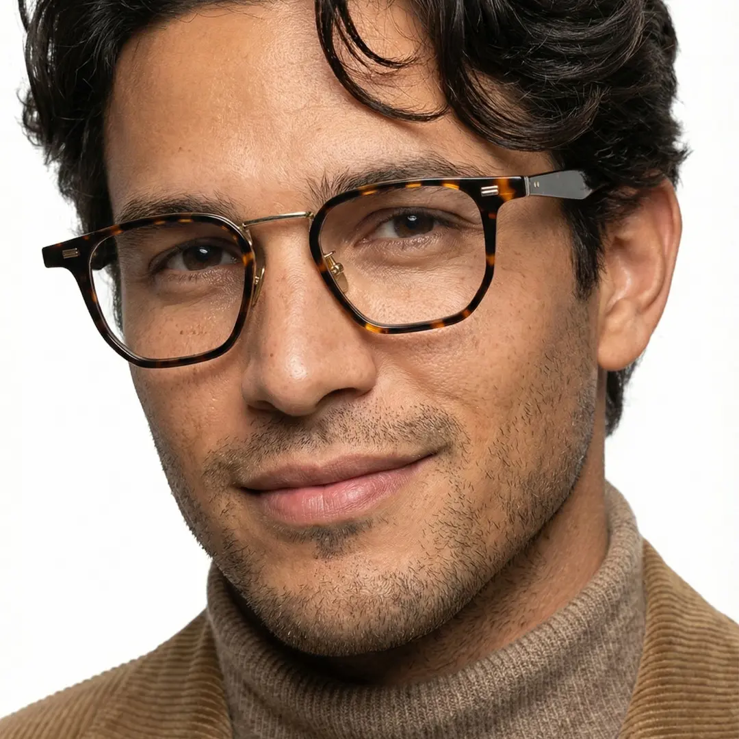 Three-quarter view of male wearing tortoise square eyeglasses, soft smile, SA0922508