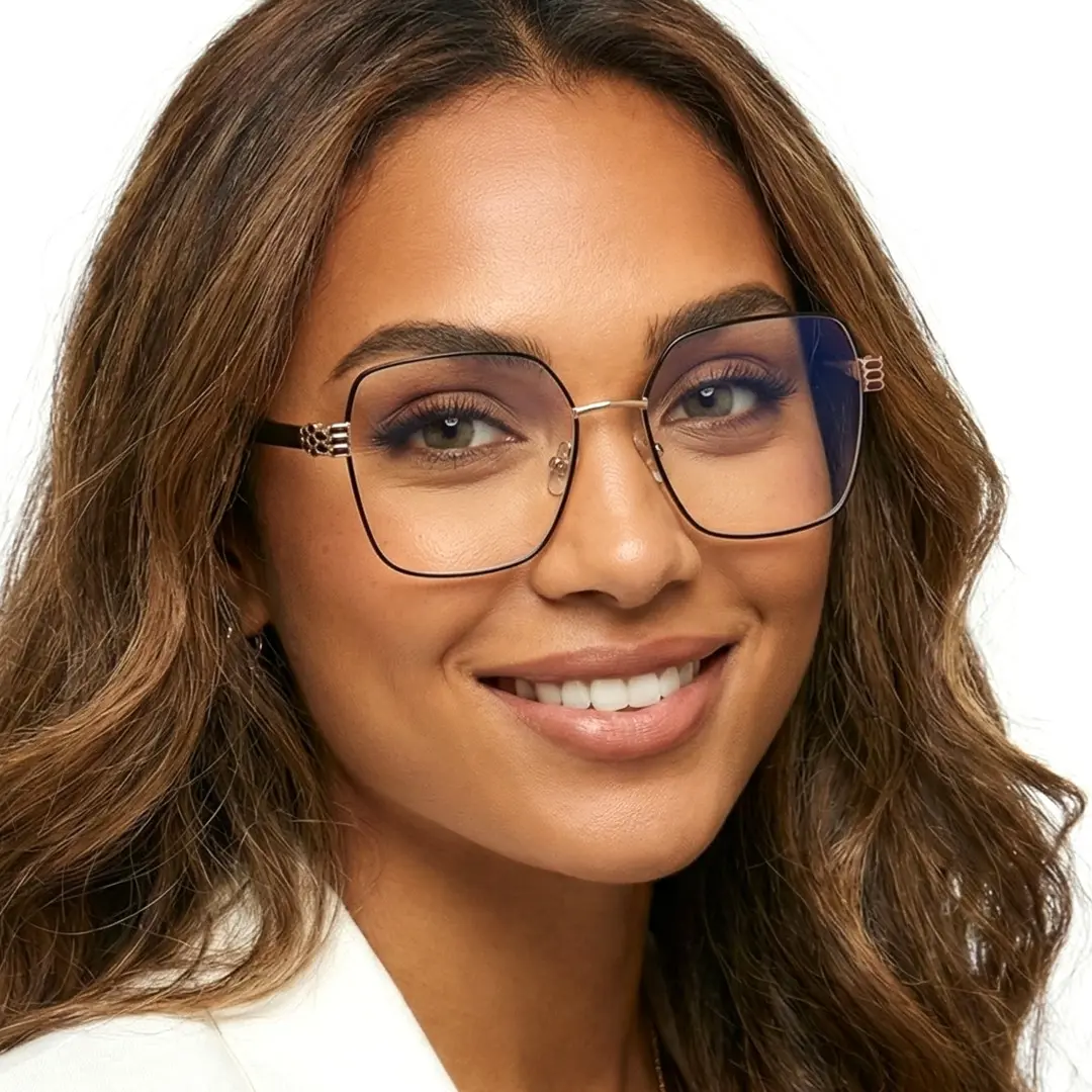 Front view of female wearing black square eyeglasses, smiling, SM0052510