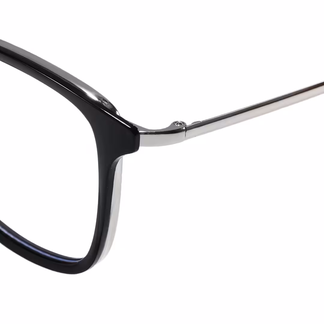 End piece detail of Hale square metal eyeglasses in black. SPU: SM0102605