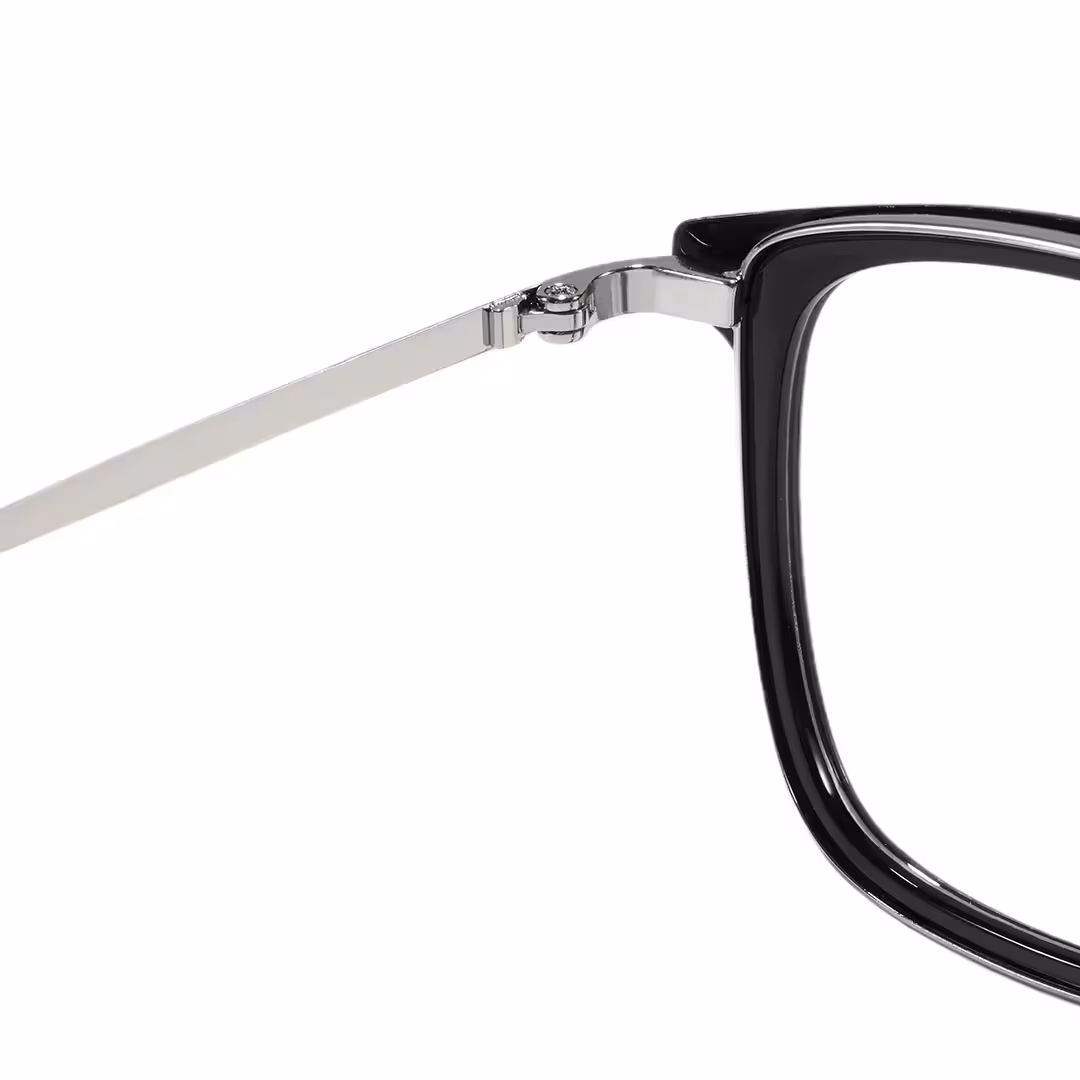 Hinge detail of Hale square metal eyeglasses in black. SPU: SM0102605
