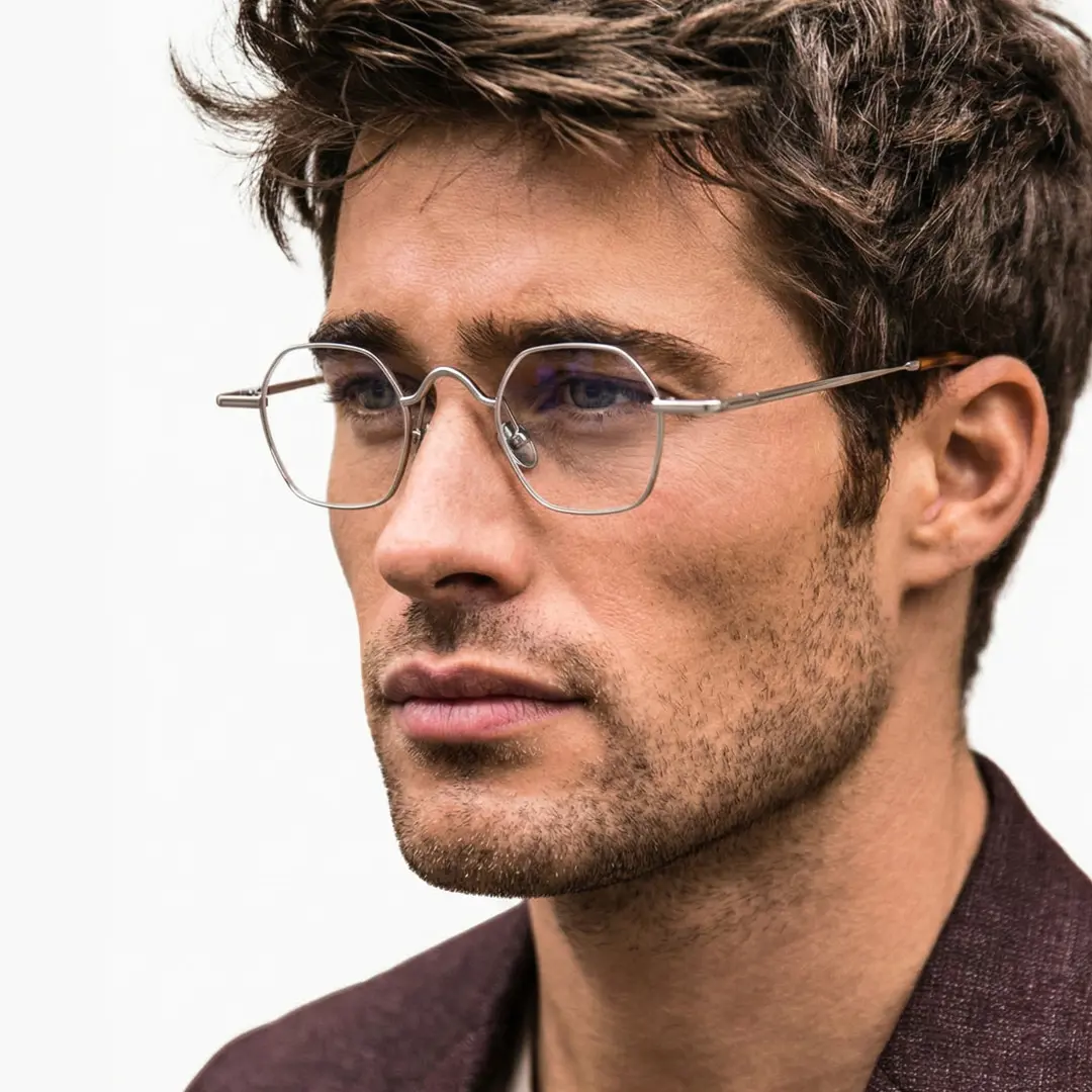 Three-quarter view of male wearing vintage silver square eyeglasses, thoughtful expression, SM0192411