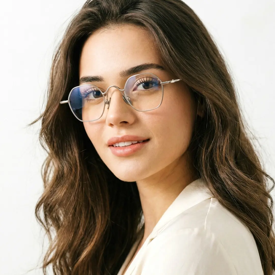 Over-the-shoulder view of female wearing vintage silver square eyeglasses, soft smile, SM0192411