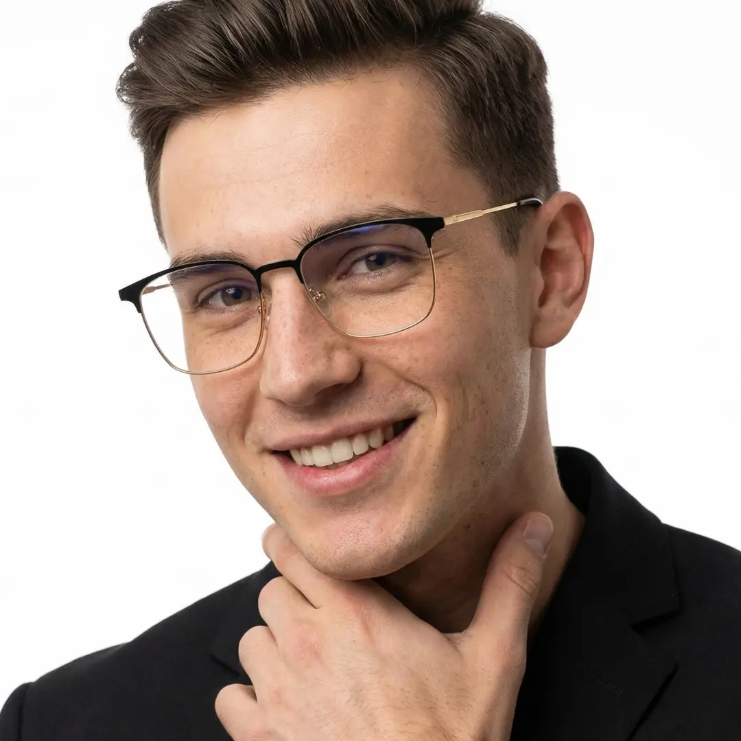 Three-quarter view of male wearing black gold square eyeglasses, smiling, SM0232409