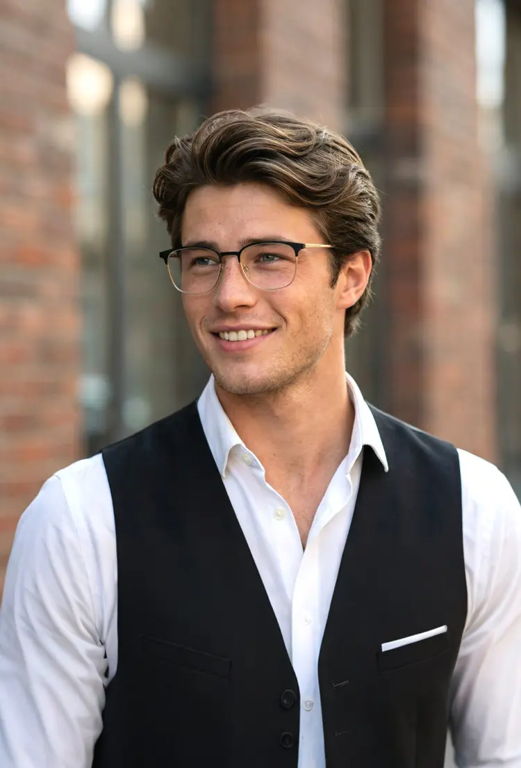 Male model wearing everyday black and gold square metal eyeglasses in an urban business district. SPU: SM0232409