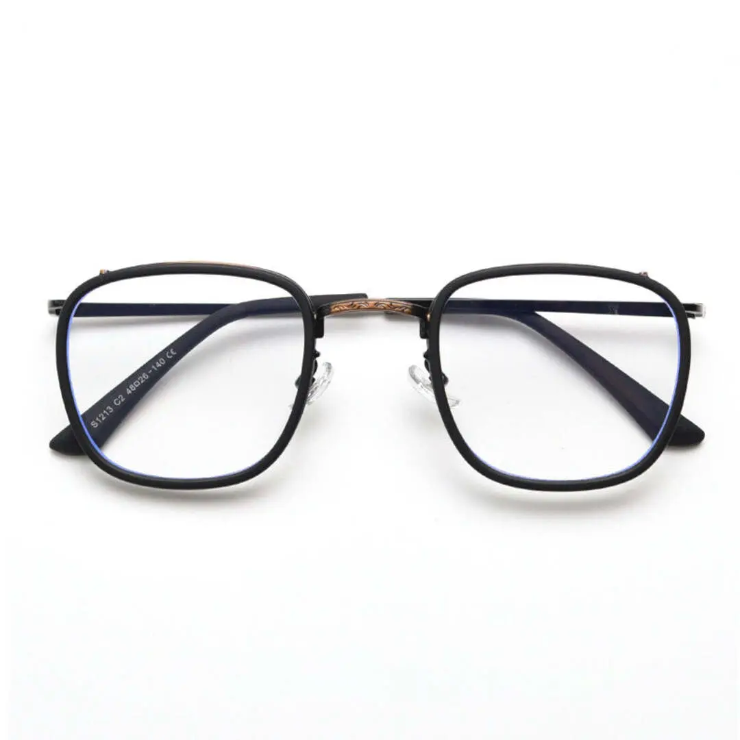 Front folded view of Benin vintage square metal eyeglasses SM0252302 in black brown
