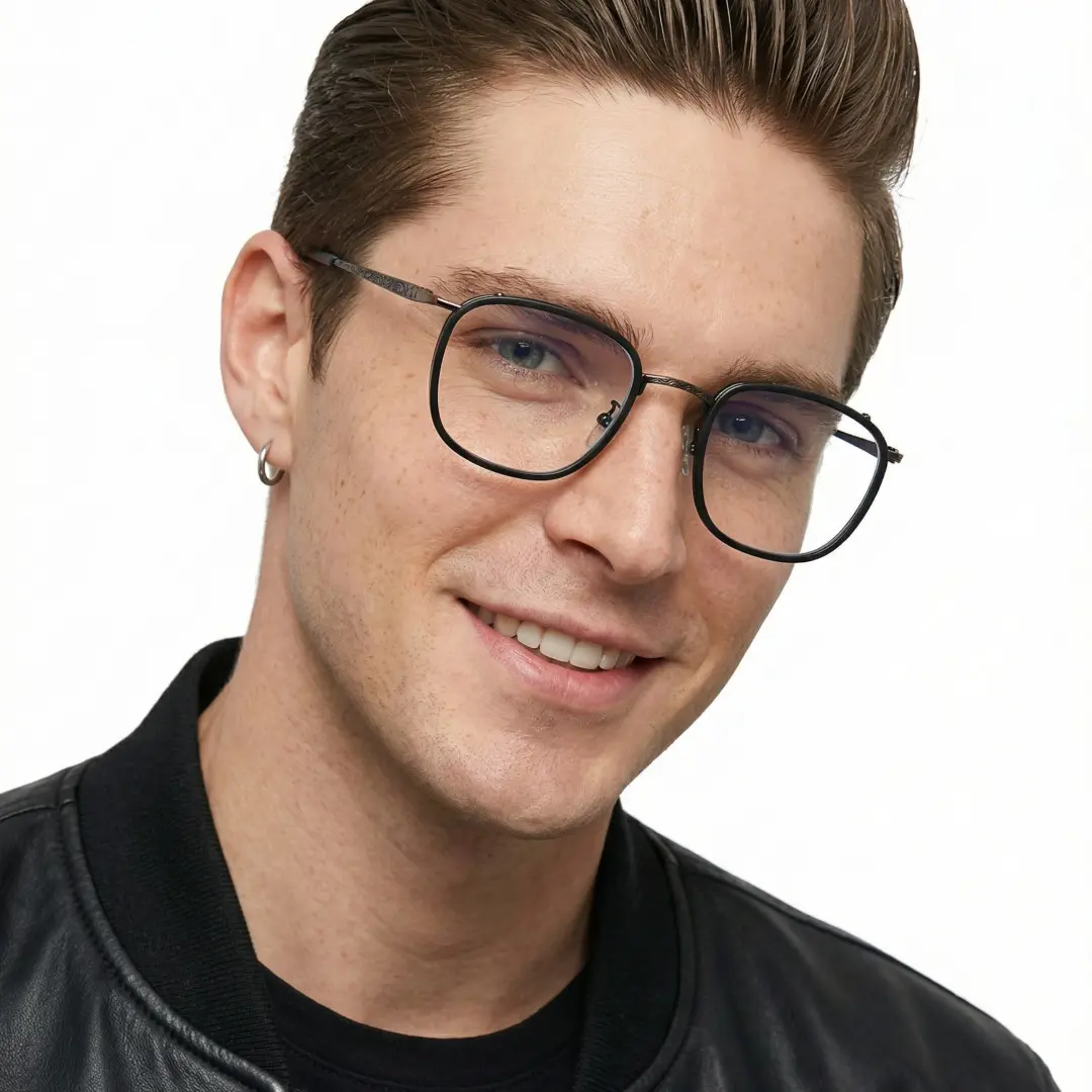 Three-quarter view of male wearing vintage black brown square eyeglasses, smiling, SM0252302
