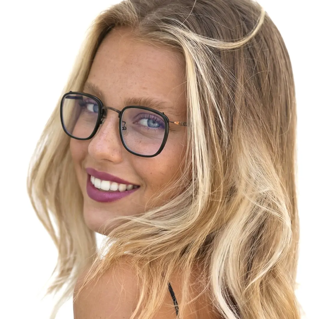 Over-the-shoulder view of female wearing vintage black brown square eyeglasses, natural smile, SM0252302