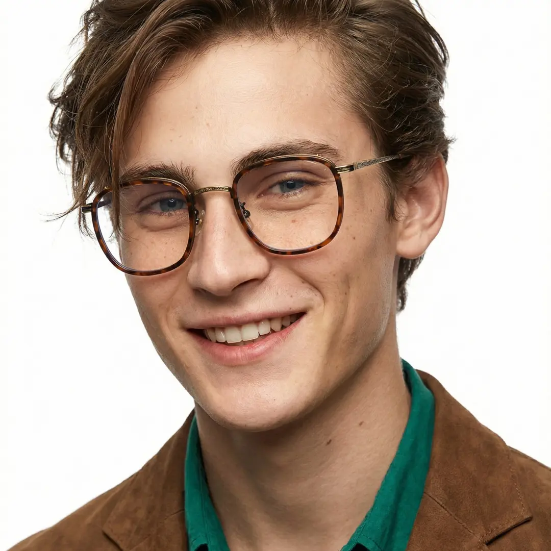 Front view of male wearing vintage tortoise square eyeglasses, smiling, SM0252302